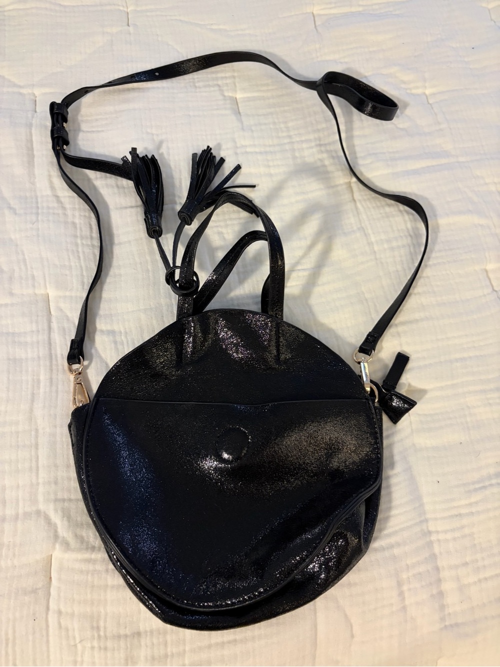Anthropologie Black Round Crossbody Bag with Tassels